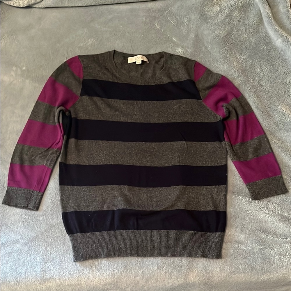 Gray, Magenta, Navy Striped Women's Sweater. 3/4 sleeves. Like new.